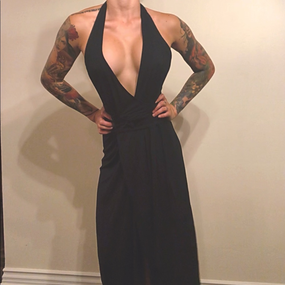 Long black wrap around dress
